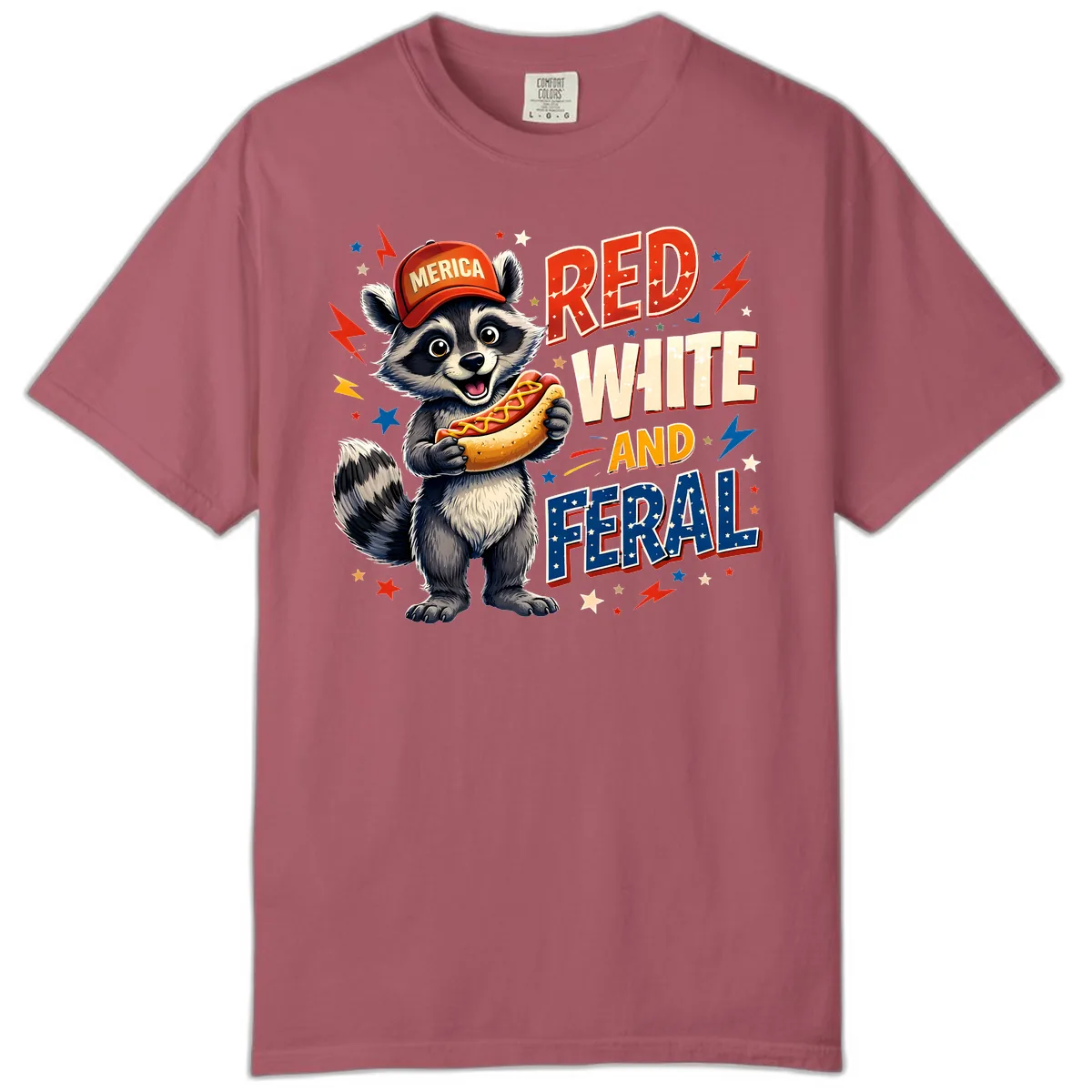 Raccoon Merica Hot Dog Red White And Feral Comfort Color in Crimson