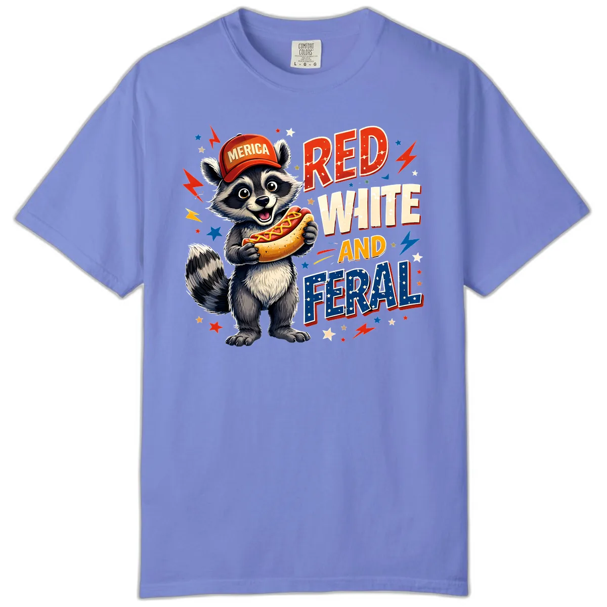 Raccoon Merica Hot Dog Red White And Feral Comfort Color in Flo Blue
