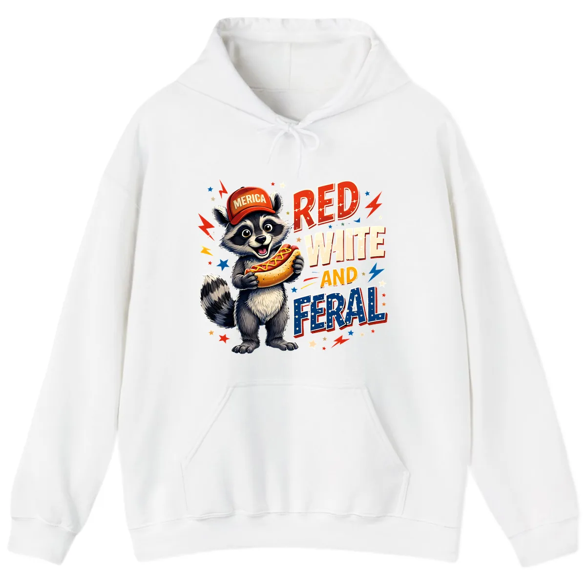 Raccoon Merica Hot Dog Red White And Feral Hoodie in White