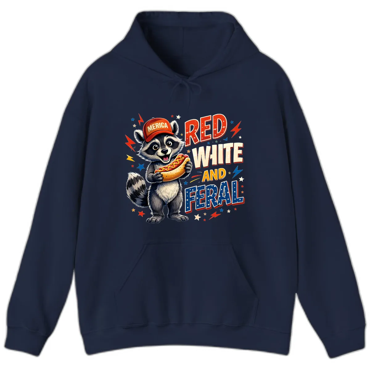 Raccoon Merica Hot Dog Red White And Feral Hoodie in Navy