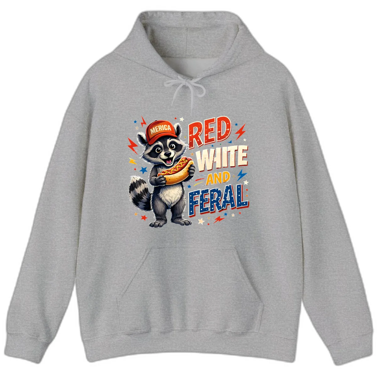 Raccoon Merica Hot Dog Red White And Feral Hoodie in Sport Grey