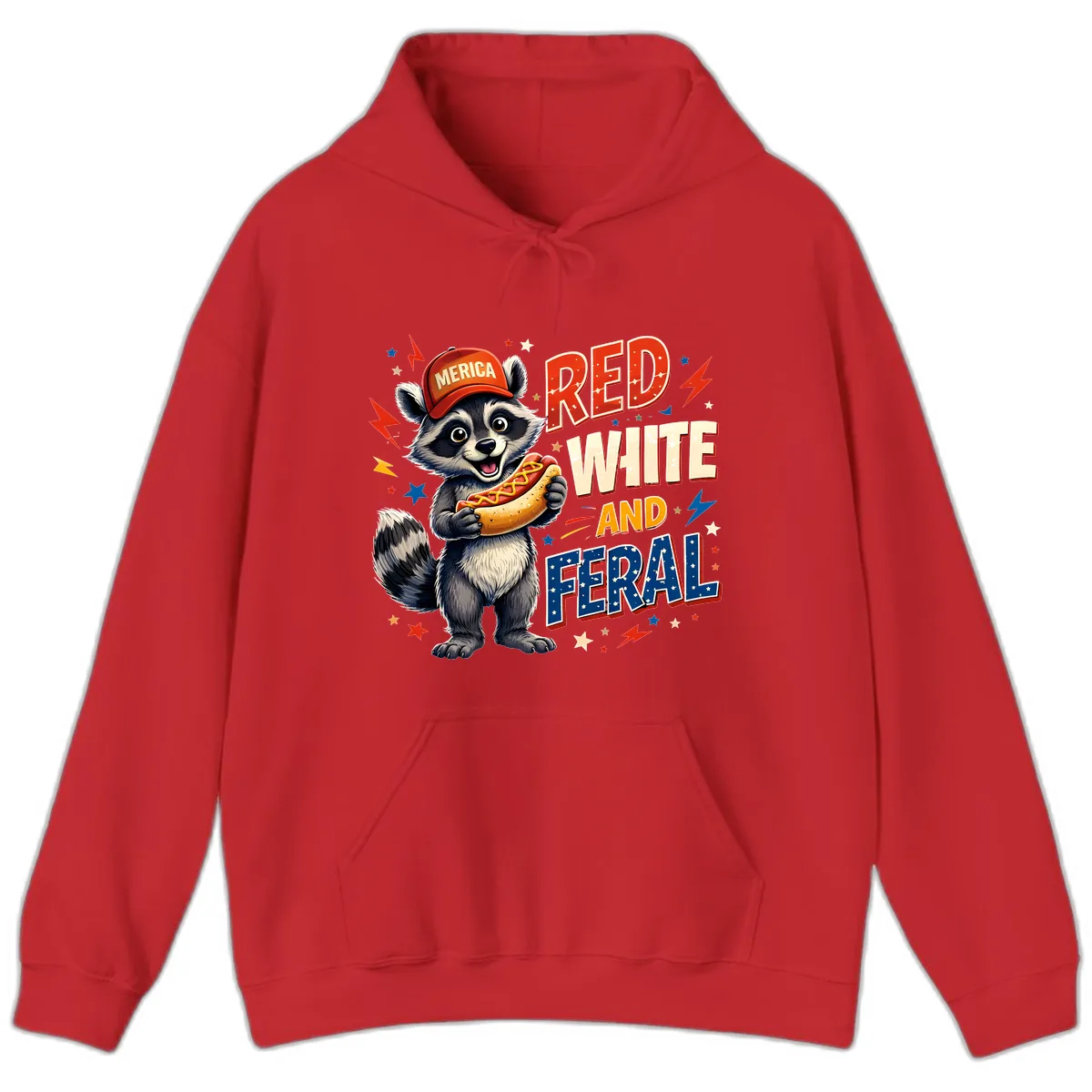 Raccoon Merica Hot Dog Red White And Feral Hoodie in Red