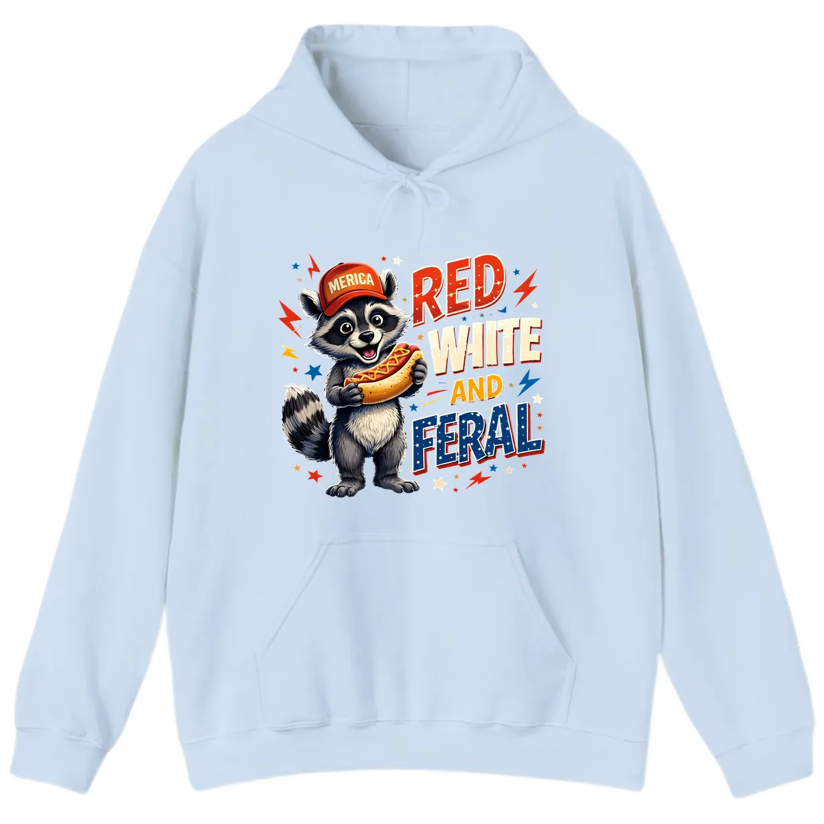 Raccoon Merica Hot Dog Red White And Feral Hoodie in Light Blue