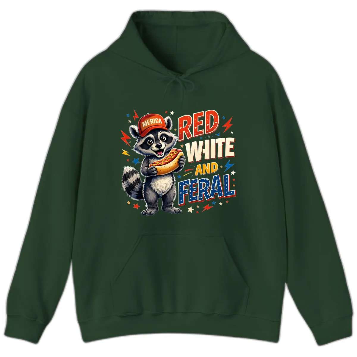 Raccoon Merica Hot Dog Red White And Feral Hoodie in Forest Green