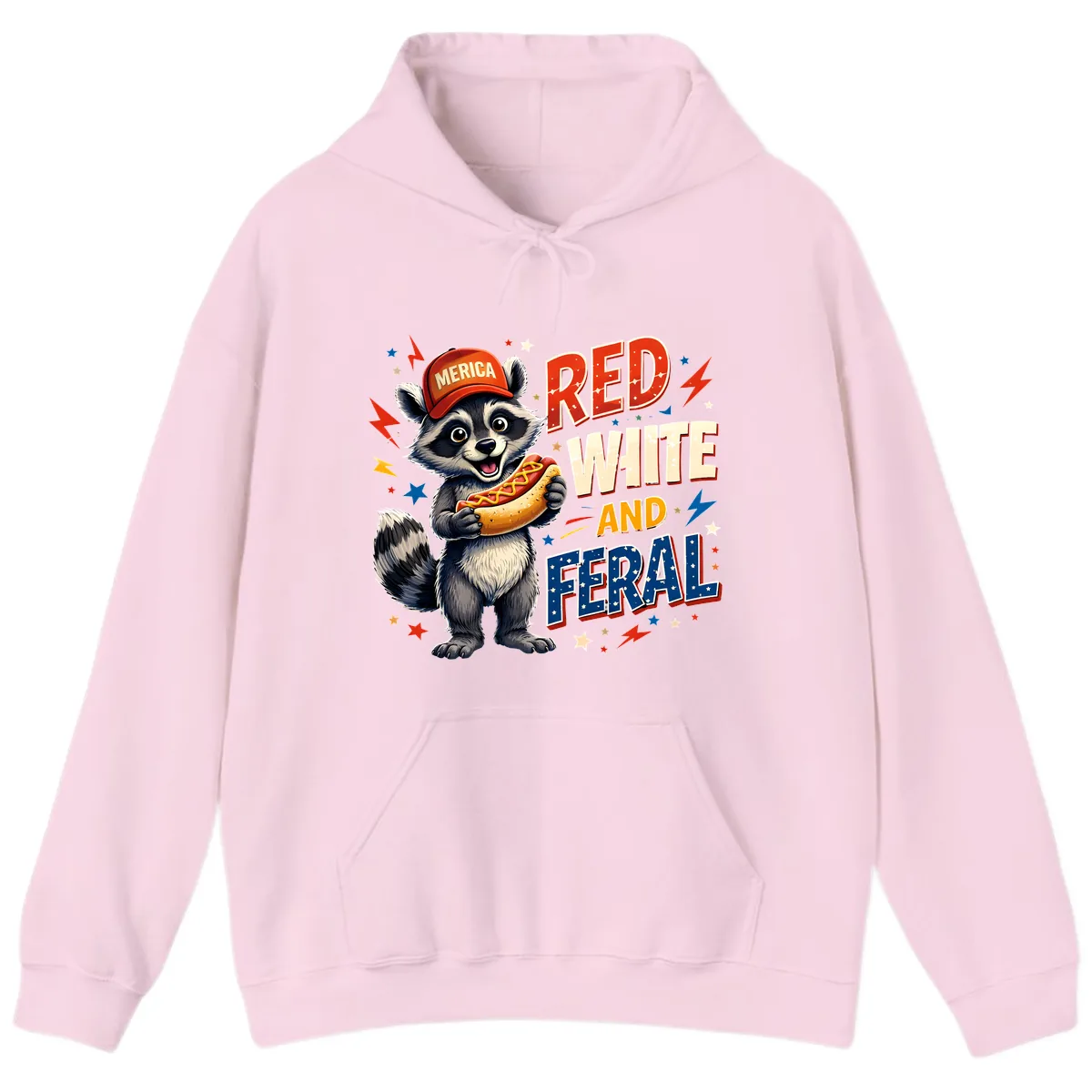 Raccoon Merica Hot Dog Red White And Feral Hoodie in Light Pink