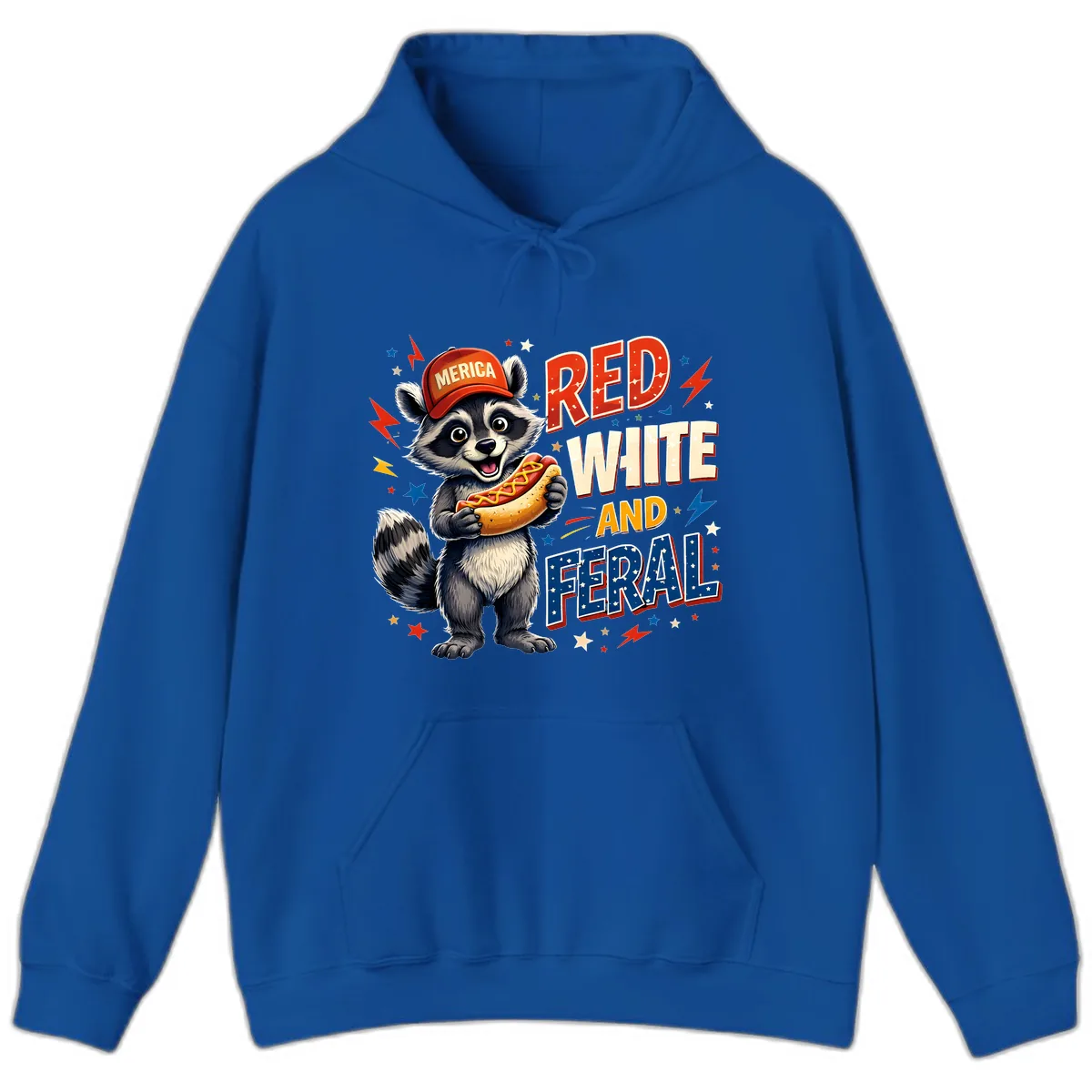 Raccoon Merica Hot Dog Red White And Feral Hoodie in Royal