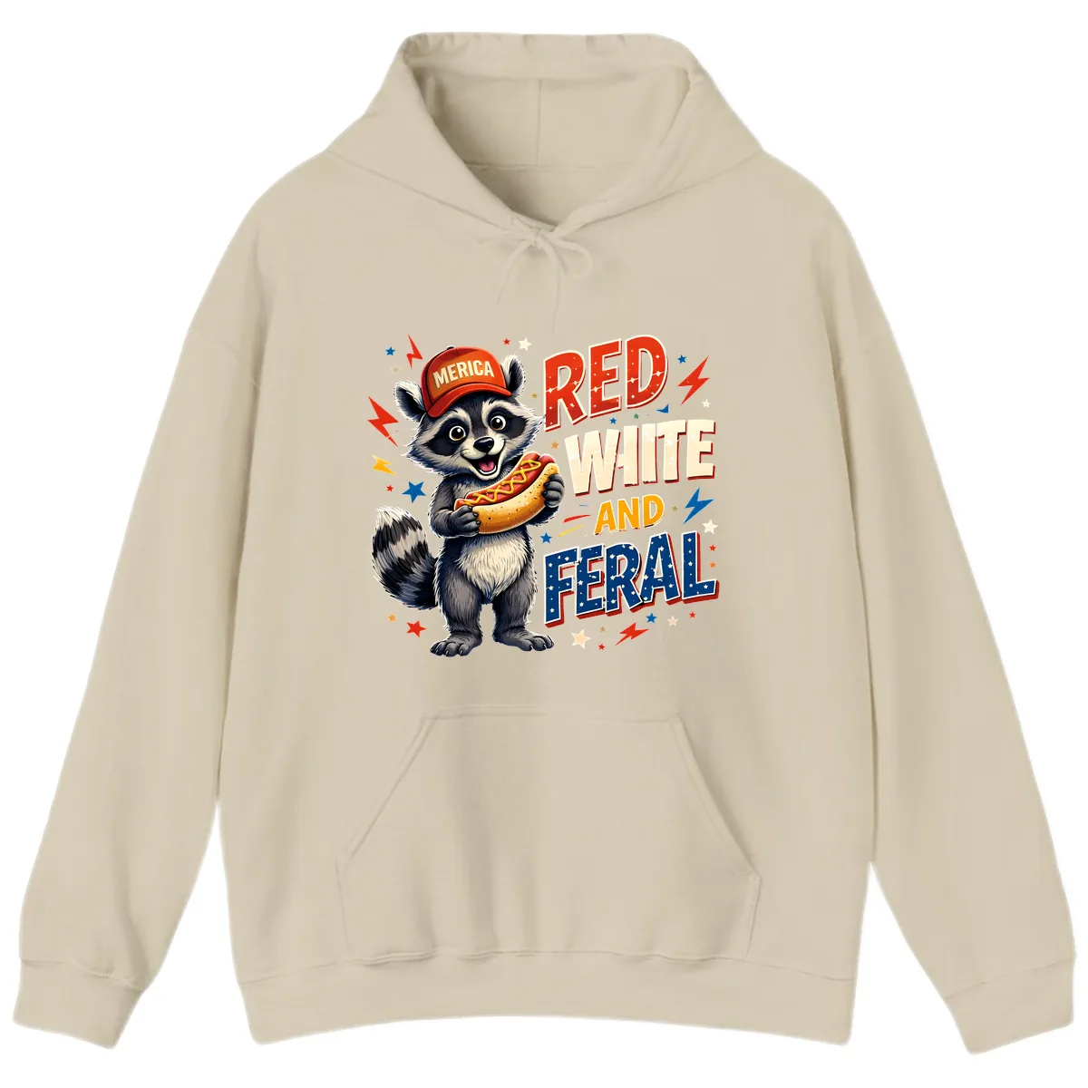 Raccoon Merica Hot Dog Red White And Feral Hoodie in Sand