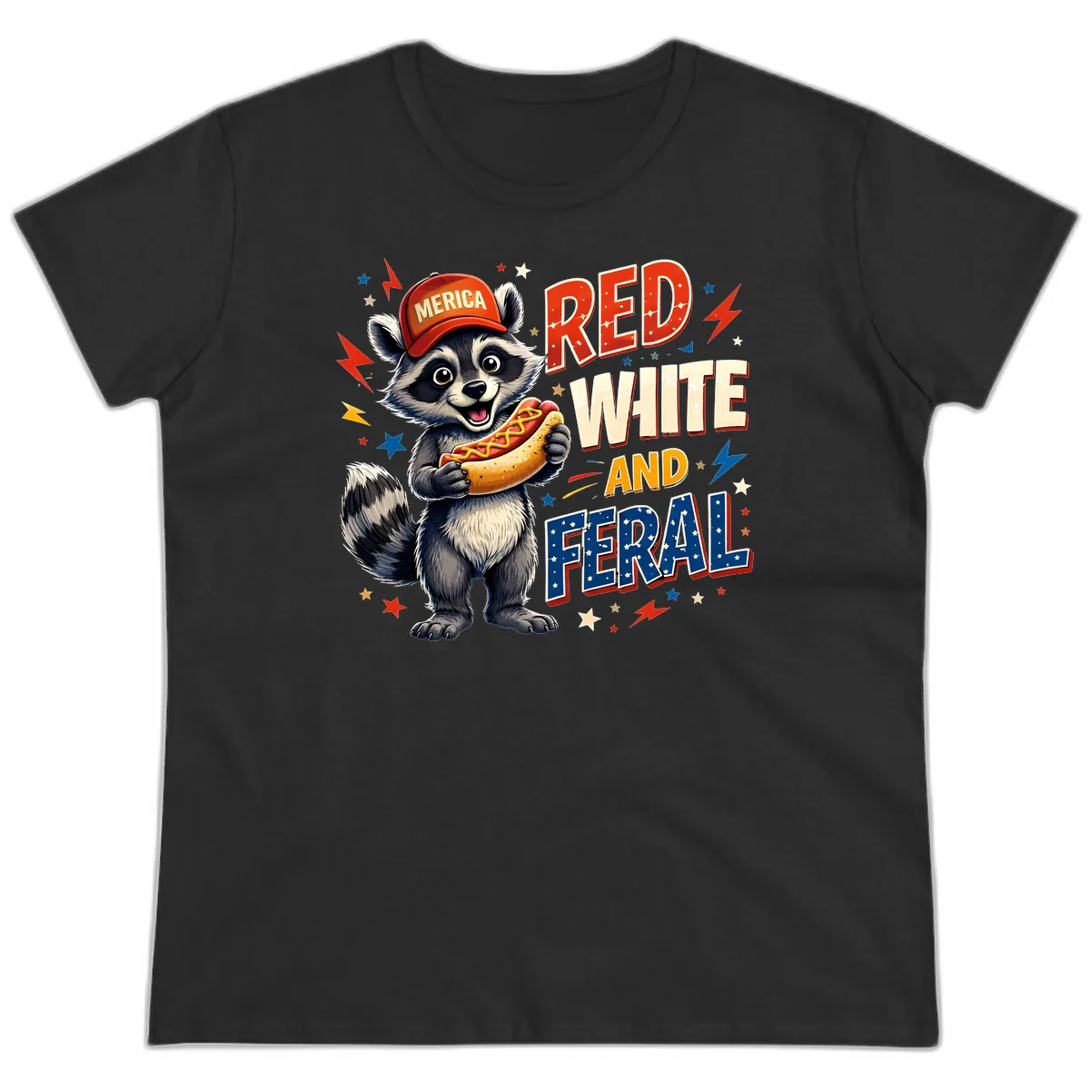 Raccoon Merica Hot Dog Red White And Feral Ladies Tee in Black