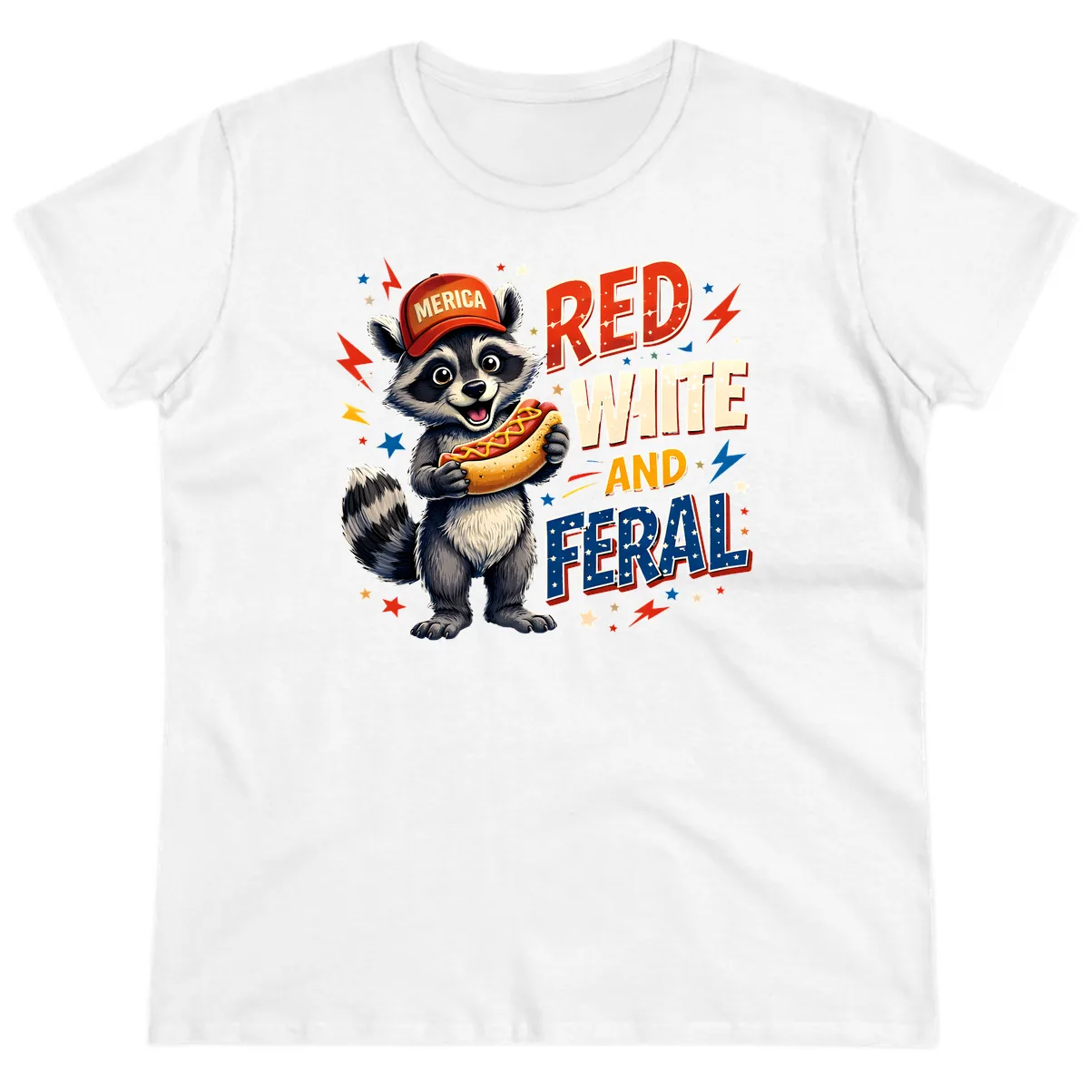 Raccoon Merica Hot Dog Red White And Feral Ladies Tee in White