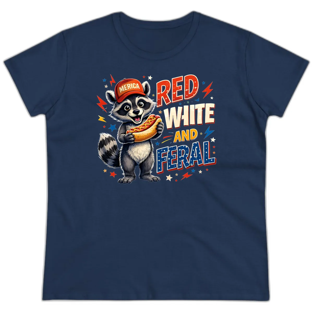 Raccoon Merica Hot Dog Red White And Feral Ladies Tee in Navy