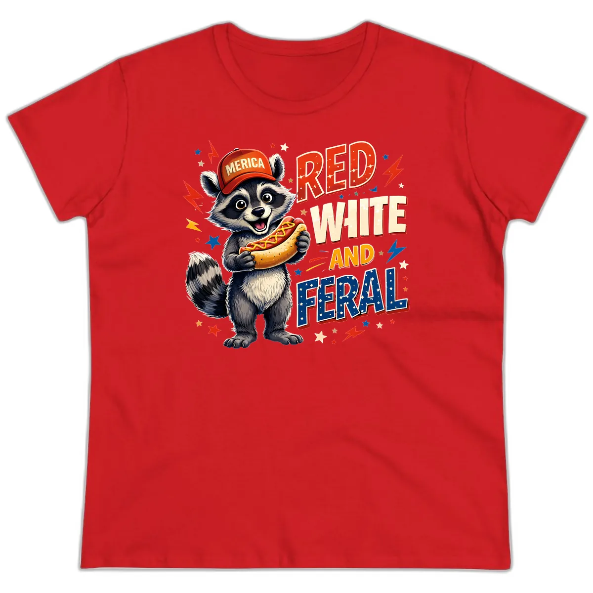 Raccoon Merica Hot Dog Red White And Feral Ladies Tee in Red