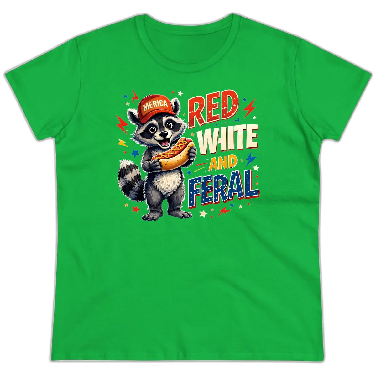 Raccoon Merica Hot Dog Red White And Feral Ladies Tee in Irish Green