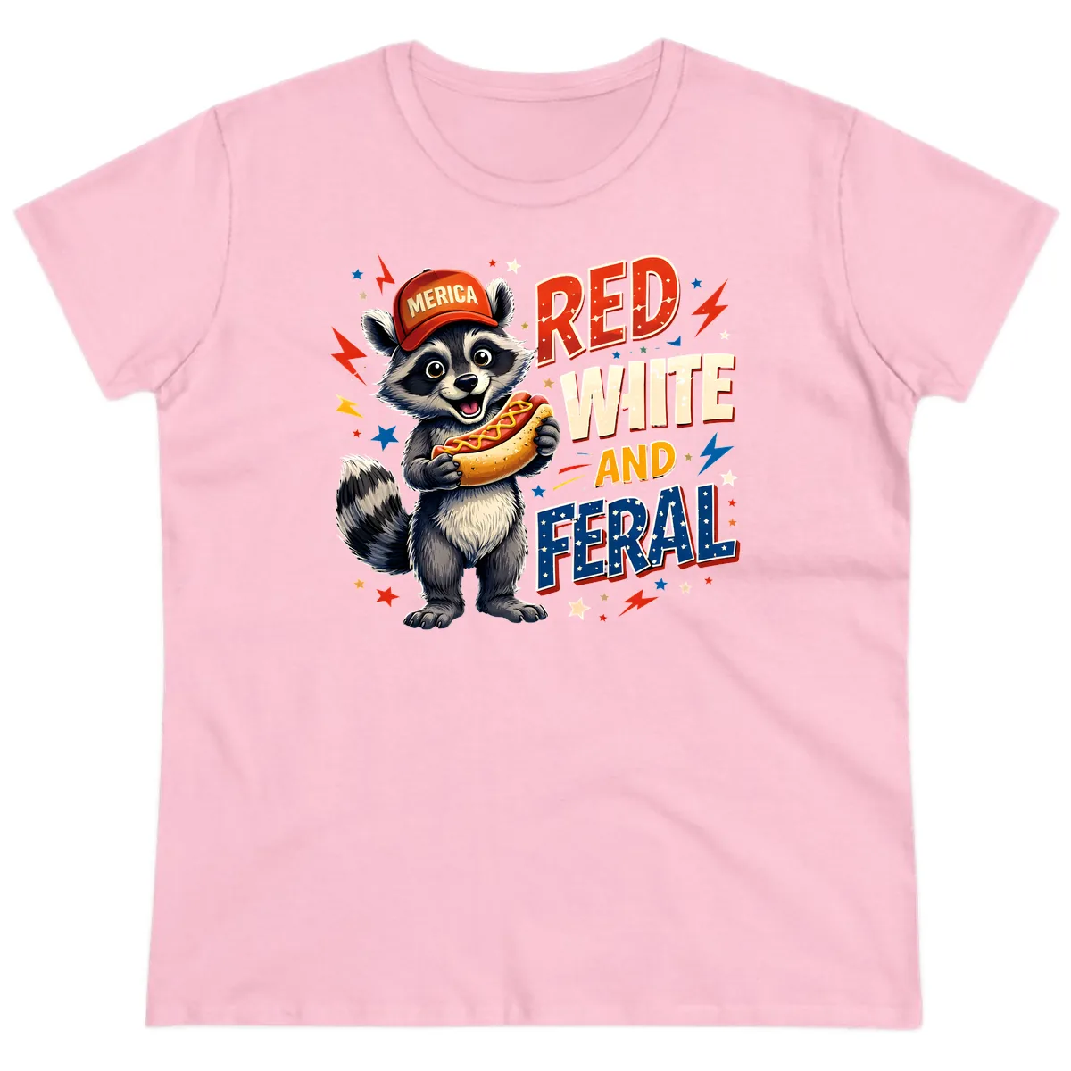 Raccoon Merica Hot Dog Red White And Feral Ladies Tee in Light Pink