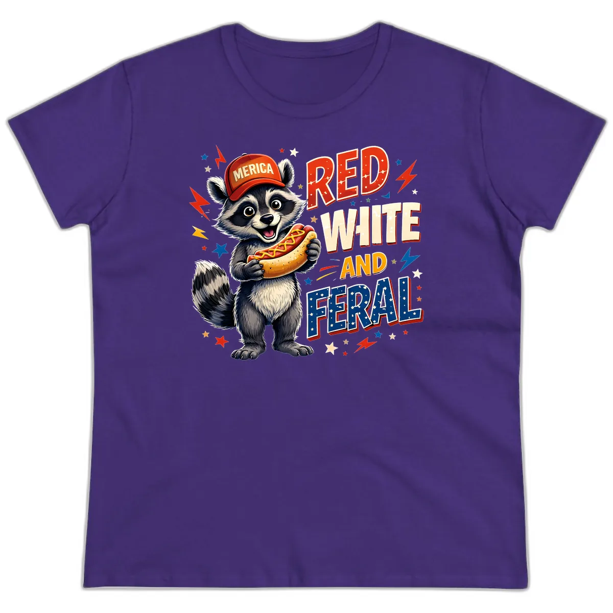 Raccoon Merica Hot Dog Red White And Feral Ladies Tee in Purple