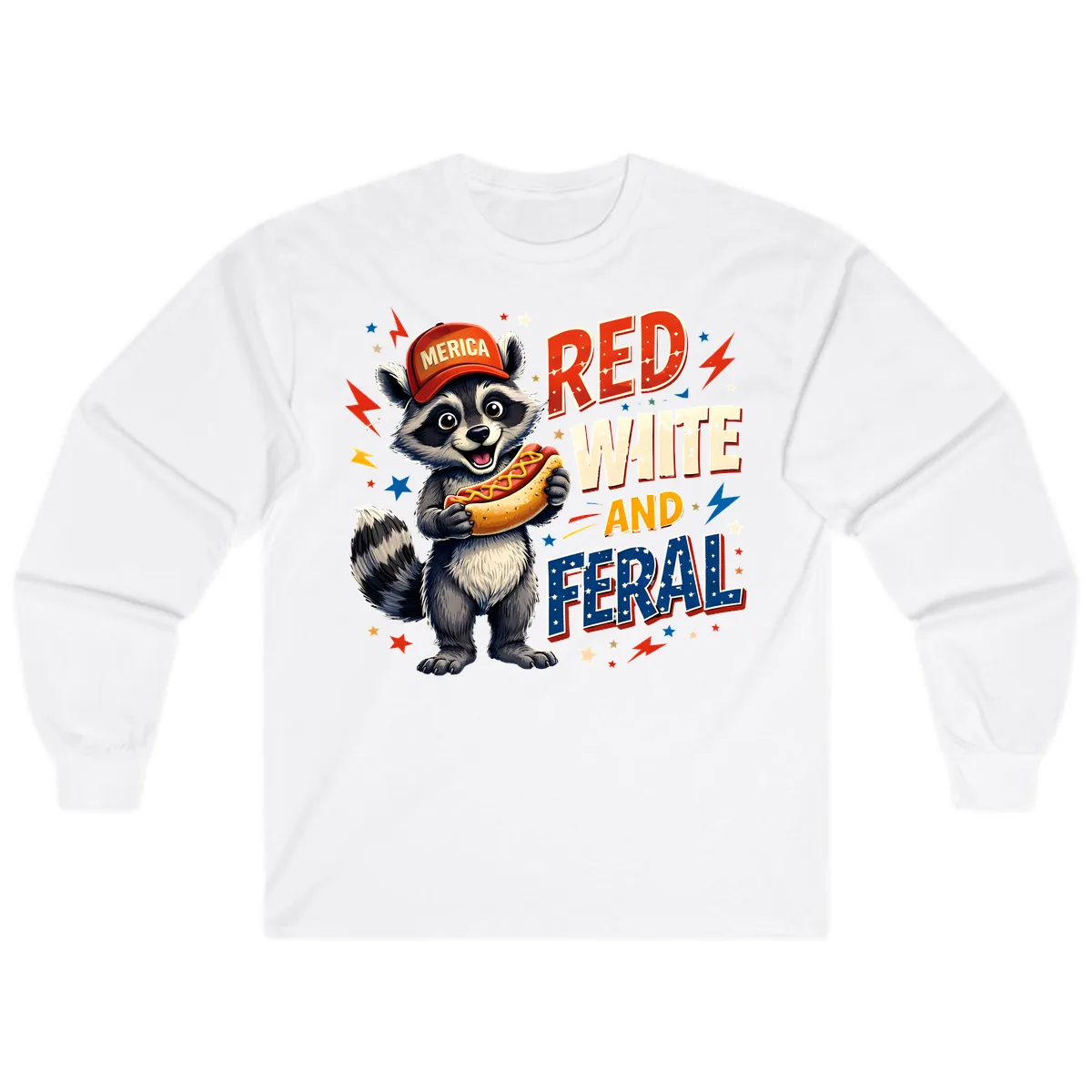 Raccoon Merica Hot Dog Red White And Feral Long Sleeve in White