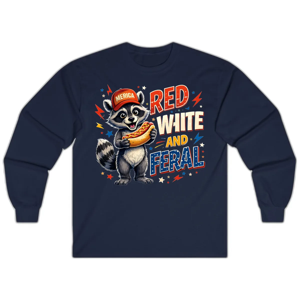 Raccoon Merica Hot Dog Red White And Feral Long Sleeve in Navy