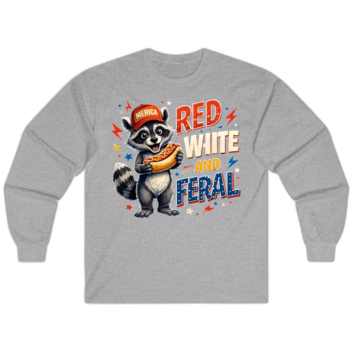Raccoon Merica Hot Dog Red White And Feral Long Sleeve in Sport Grey