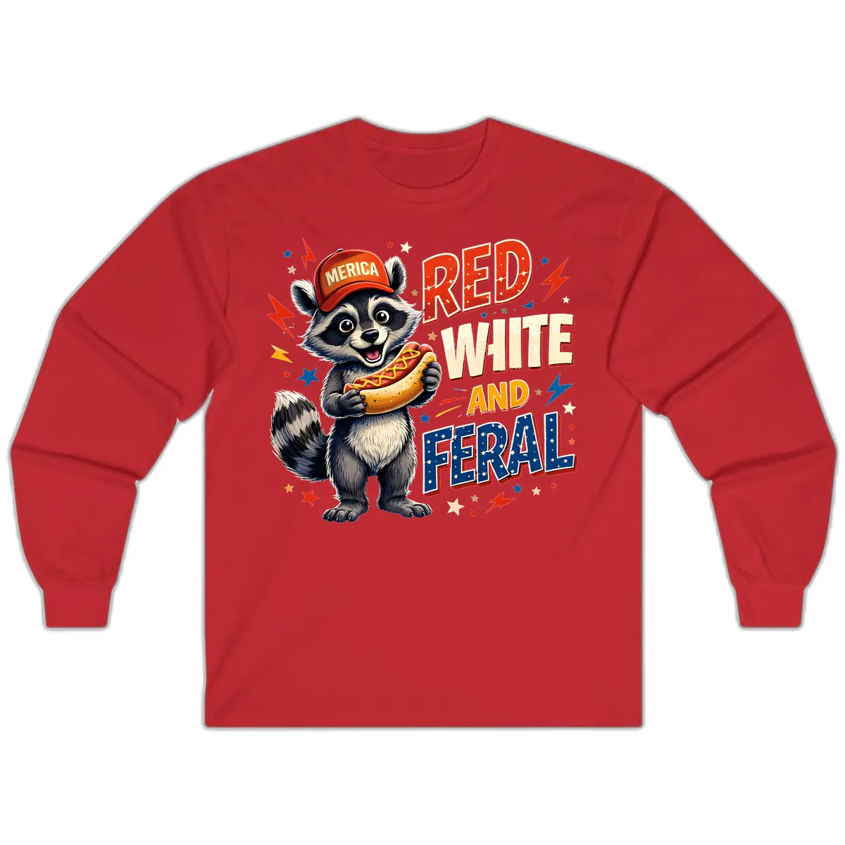 Raccoon Merica Hot Dog Red White And Feral Long Sleeve in Red