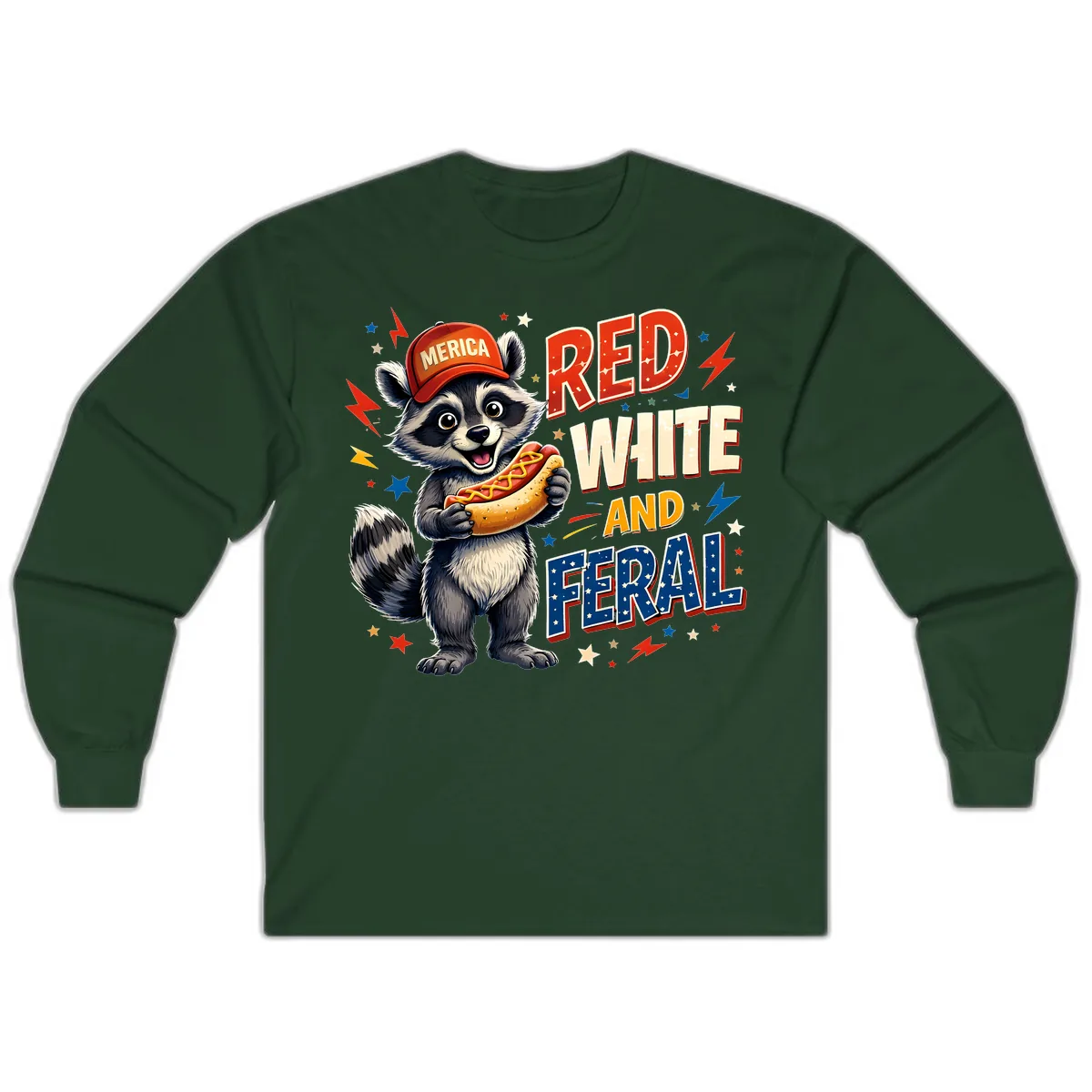 Raccoon Merica Hot Dog Red White And Feral Long Sleeve in Forest Green