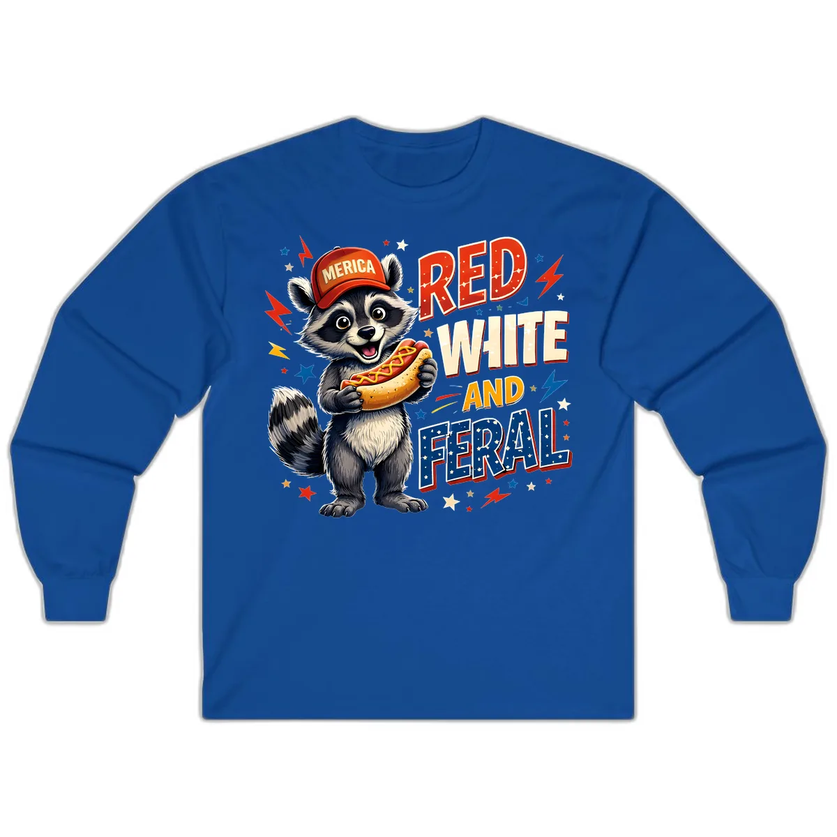 Raccoon Merica Hot Dog Red White And Feral Long Sleeve in Royal
