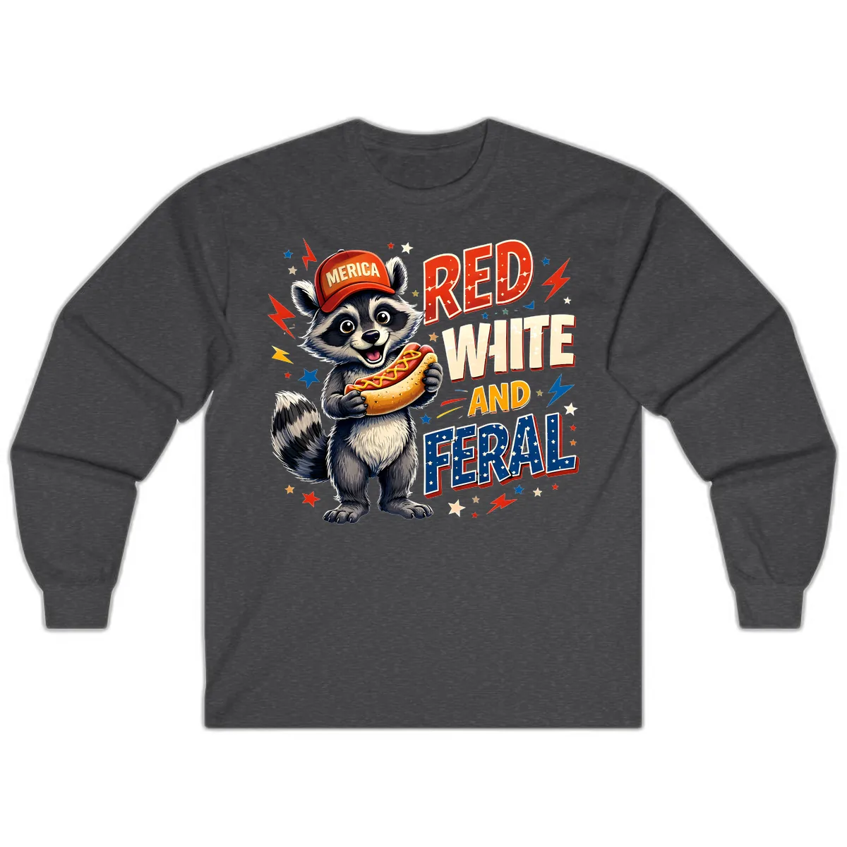 Raccoon Merica Hot Dog Red White And Feral Long Sleeve in Dark Heather