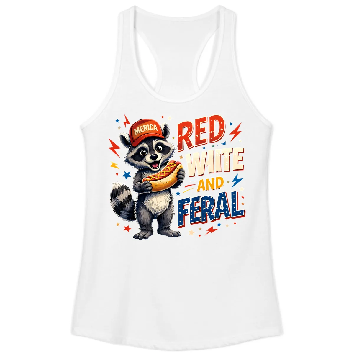 Raccoon Merica Hot Dog Red White And Feral Ladies Tank in White