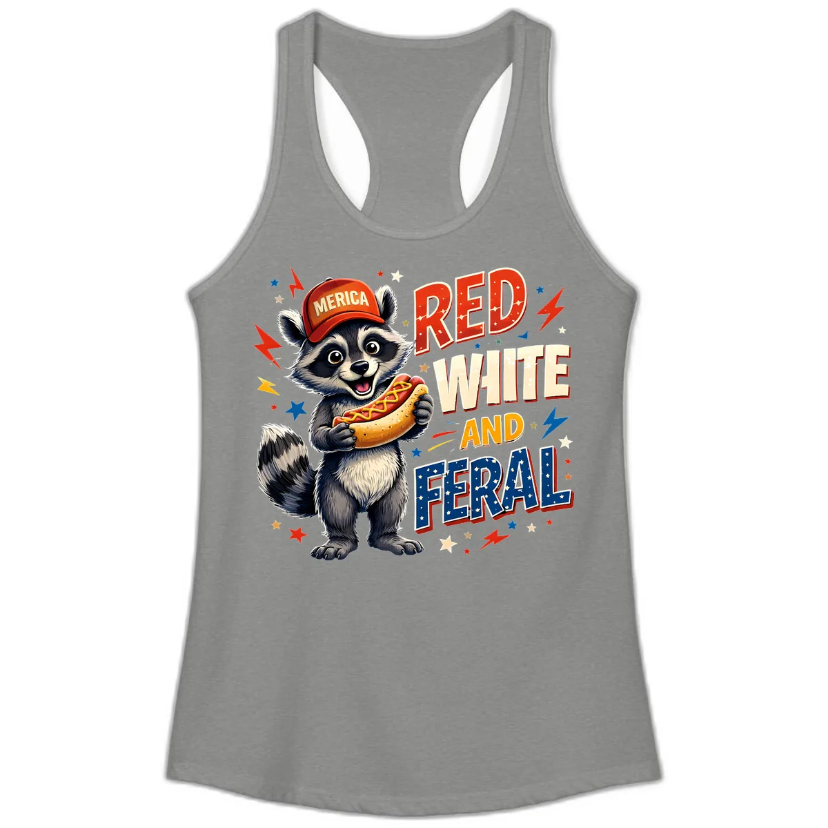 Raccoon Merica Hot Dog Red White And Feral Ladies Tank in Heather Grey