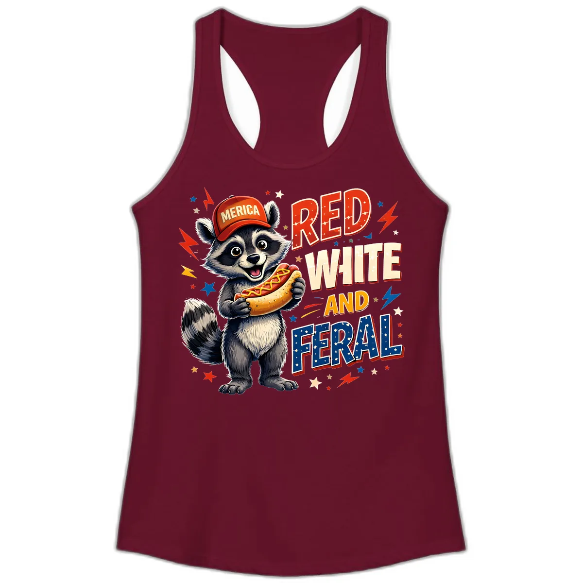 Raccoon Merica Hot Dog Red White And Feral Ladies Tank in Solid Cardinal Red