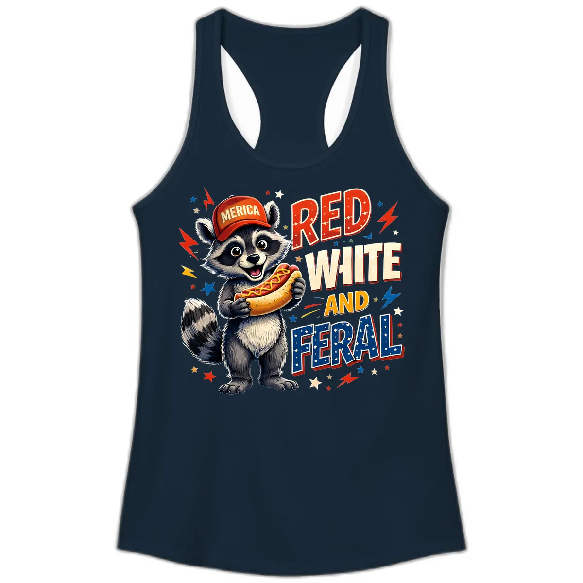 Raccoon Merica Hot Dog Red White And Feral Ladies Tank in Solid Midnight Navy