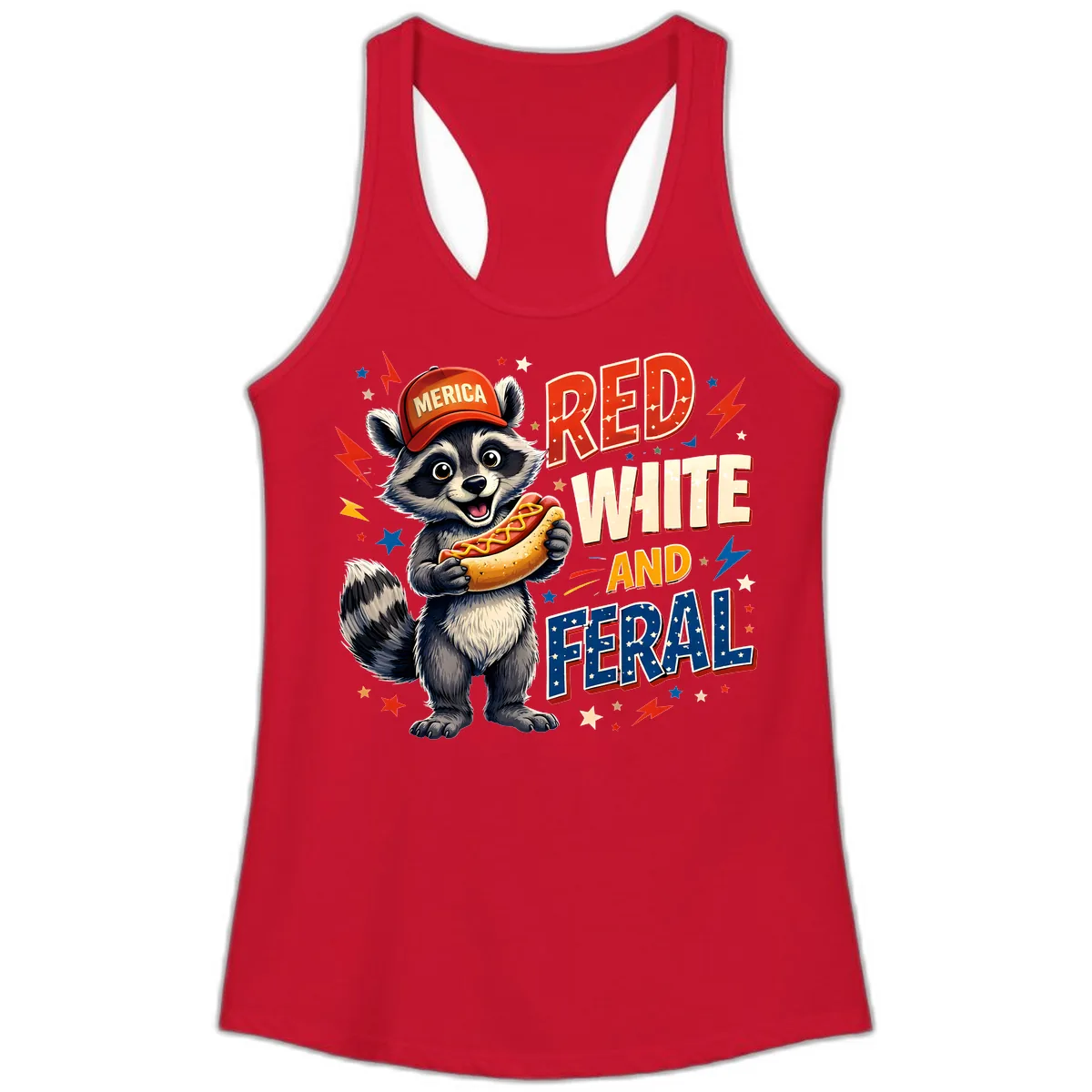 Raccoon Merica Hot Dog Red White And Feral Ladies Tank in Solid Red