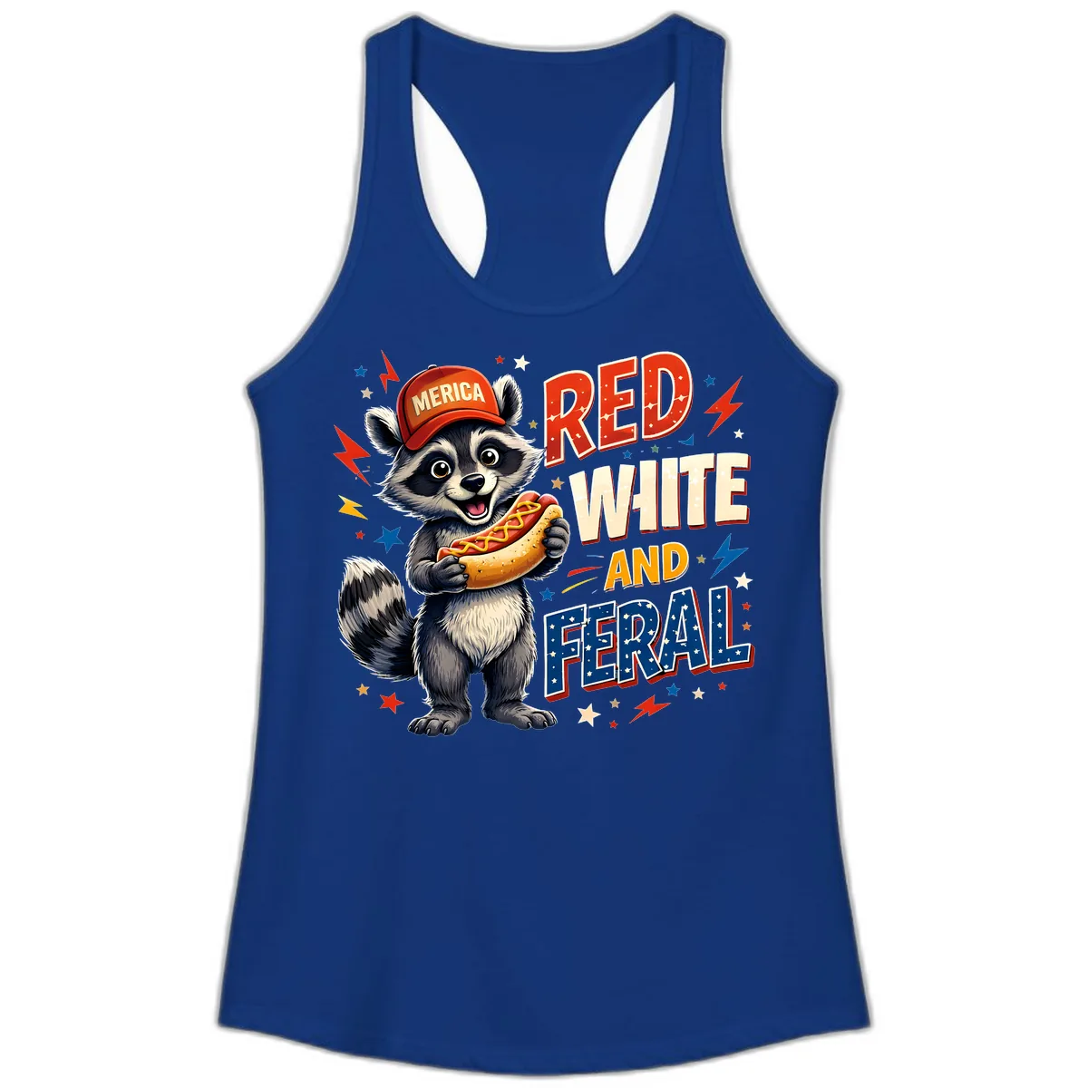 Raccoon Merica Hot Dog Red White And Feral Ladies Tank in Solid Royal