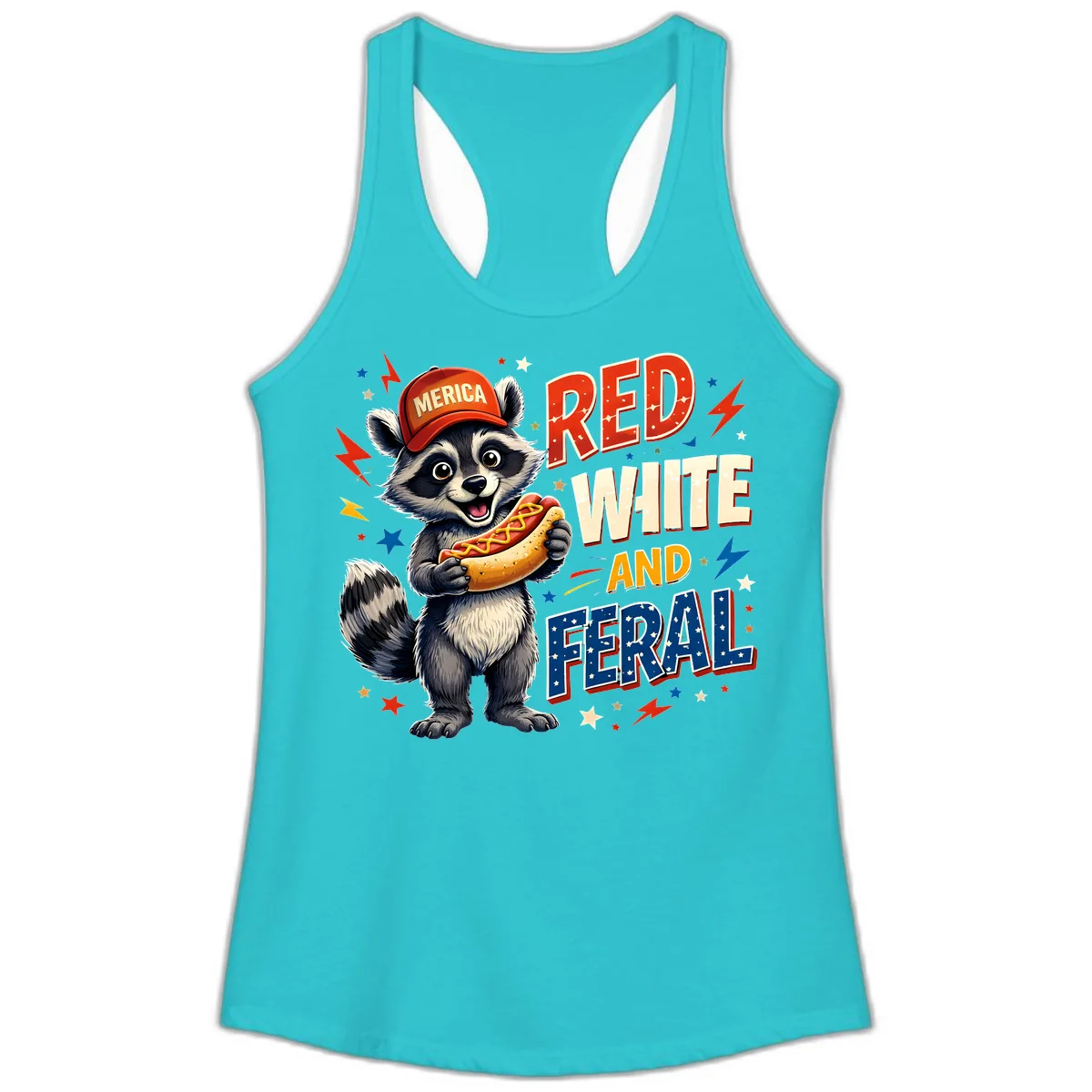 Raccoon Merica Hot Dog Red White And Feral Ladies Tank in Solid Tahiti Blue