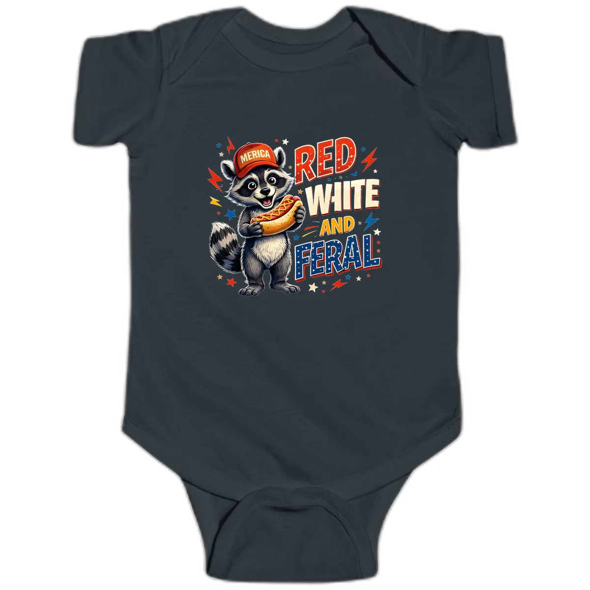 Raccoon Merica Hot Dog Red White And Feral Baby Onesie in Black