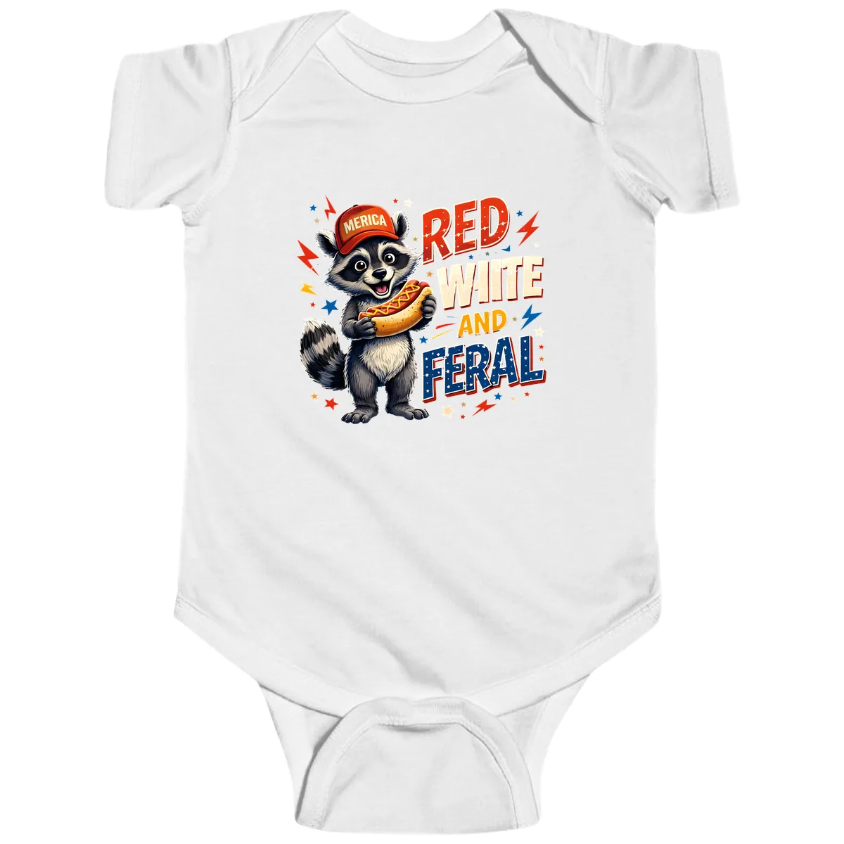 Raccoon Merica Hot Dog Red White And Feral Baby Onesie in White