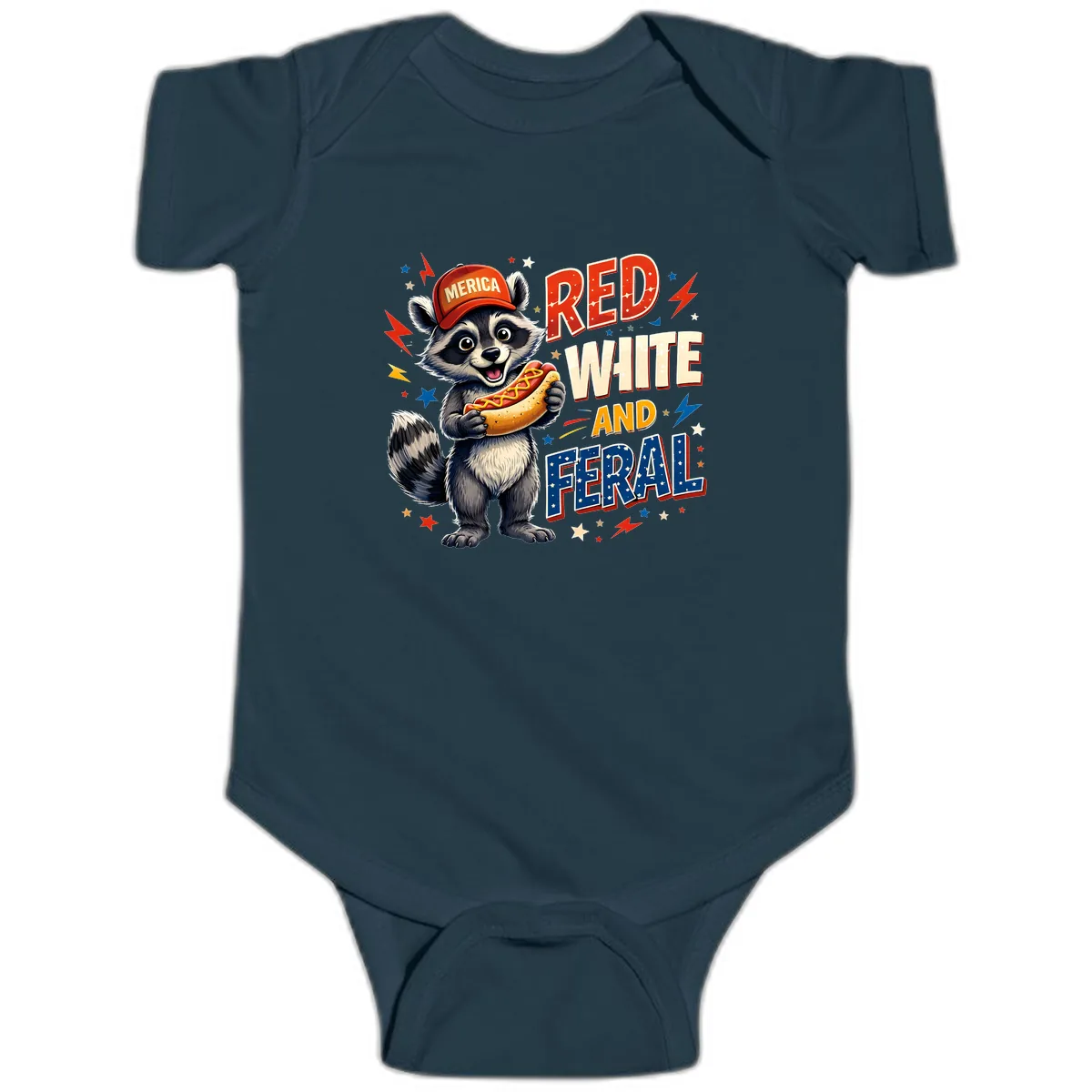 Raccoon Merica Hot Dog Red White And Feral Baby Onesie in Navy