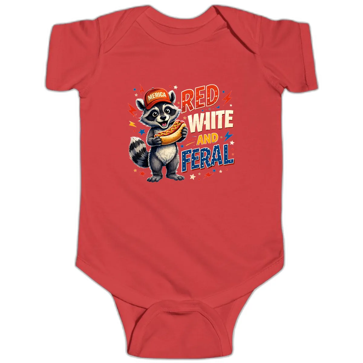 Raccoon Merica Hot Dog Red White And Feral Baby Onesie in Red