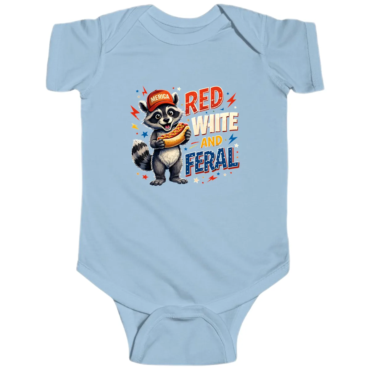 Raccoon Merica Hot Dog Red White And Feral Baby Onesie in Light Blue