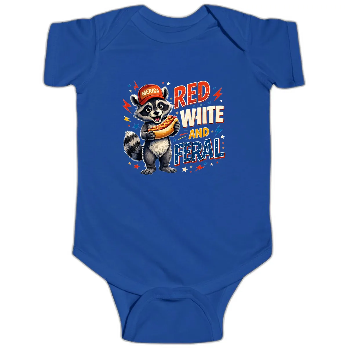 Raccoon Merica Hot Dog Red White And Feral Baby Onesie in Royal