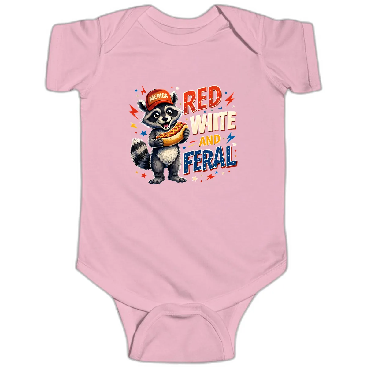 Raccoon Merica Hot Dog Red White And Feral Baby Onesie in Pink