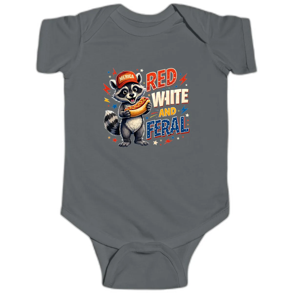 Raccoon Merica Hot Dog Red White And Feral Baby Onesie in Charcoal