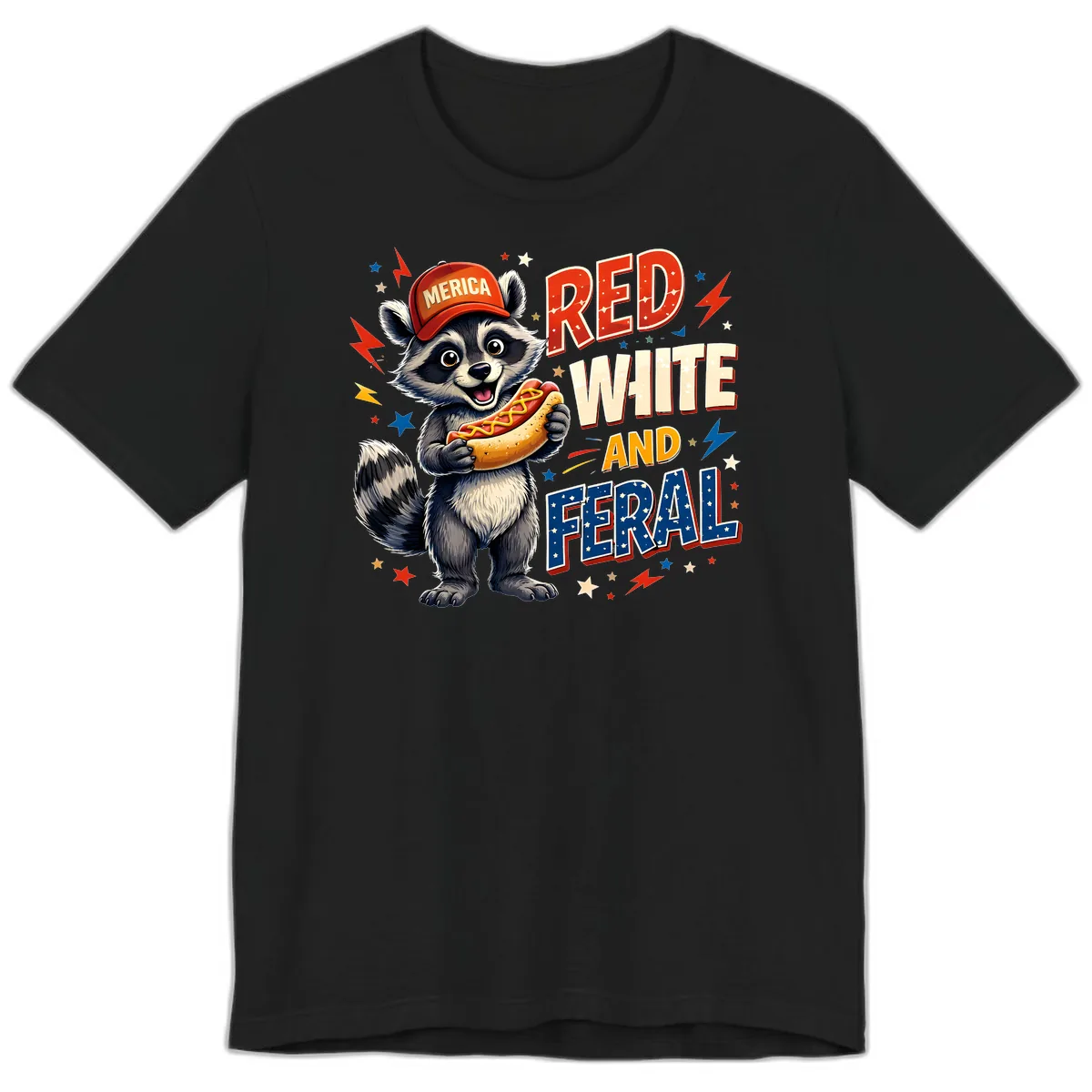 Raccoon Merica Hot Dog Red White And Feral Premium T-Shirt in Black
