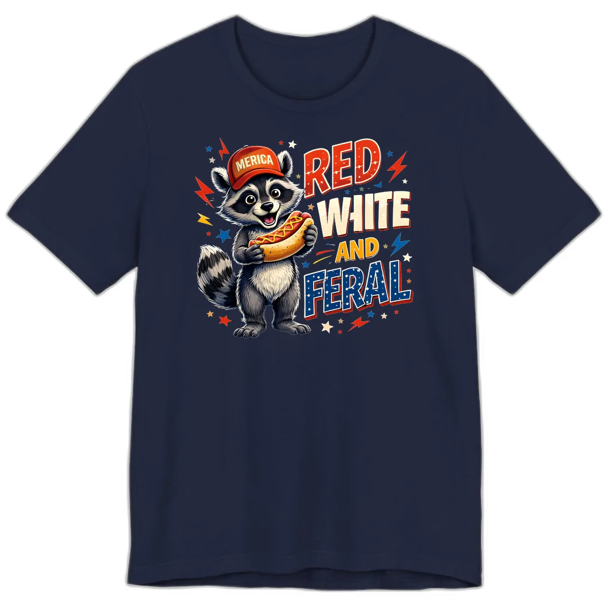Raccoon Merica Hot Dog Red White And Feral Premium T-Shirt in Navy