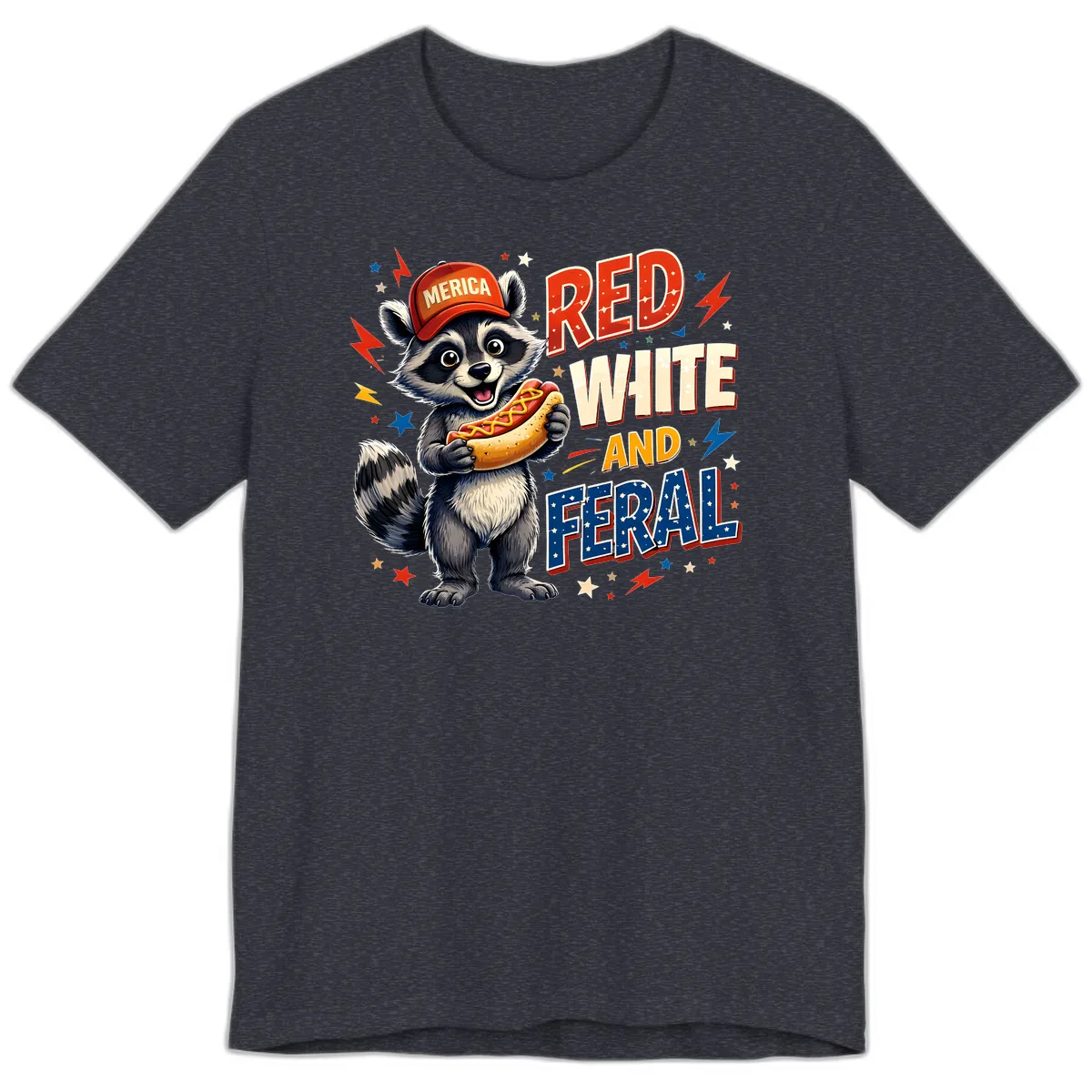 Raccoon Merica Hot Dog Red White And Feral Premium T-Shirt in Heather Navy