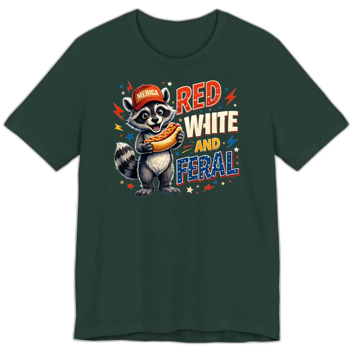 Raccoon Merica Hot Dog Red White And Feral Premium T-Shirt in Forest