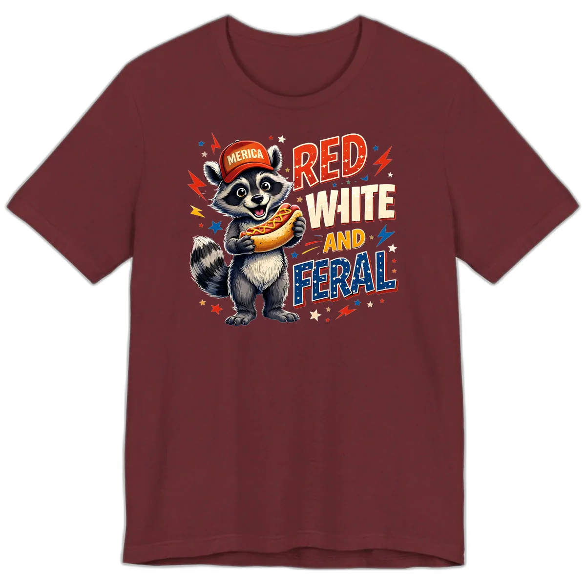 Raccoon Merica Hot Dog Red White And Feral Premium T-Shirt in Heather Cardinal