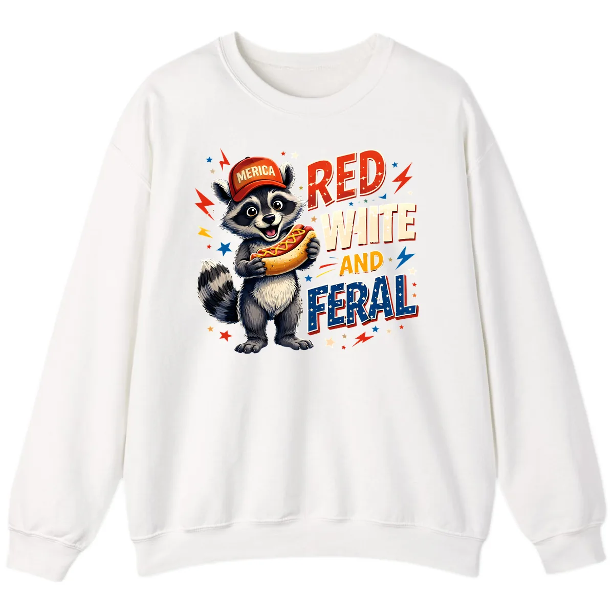 Raccoon Merica Hot Dog Red White And Feral Sweatshirt in White