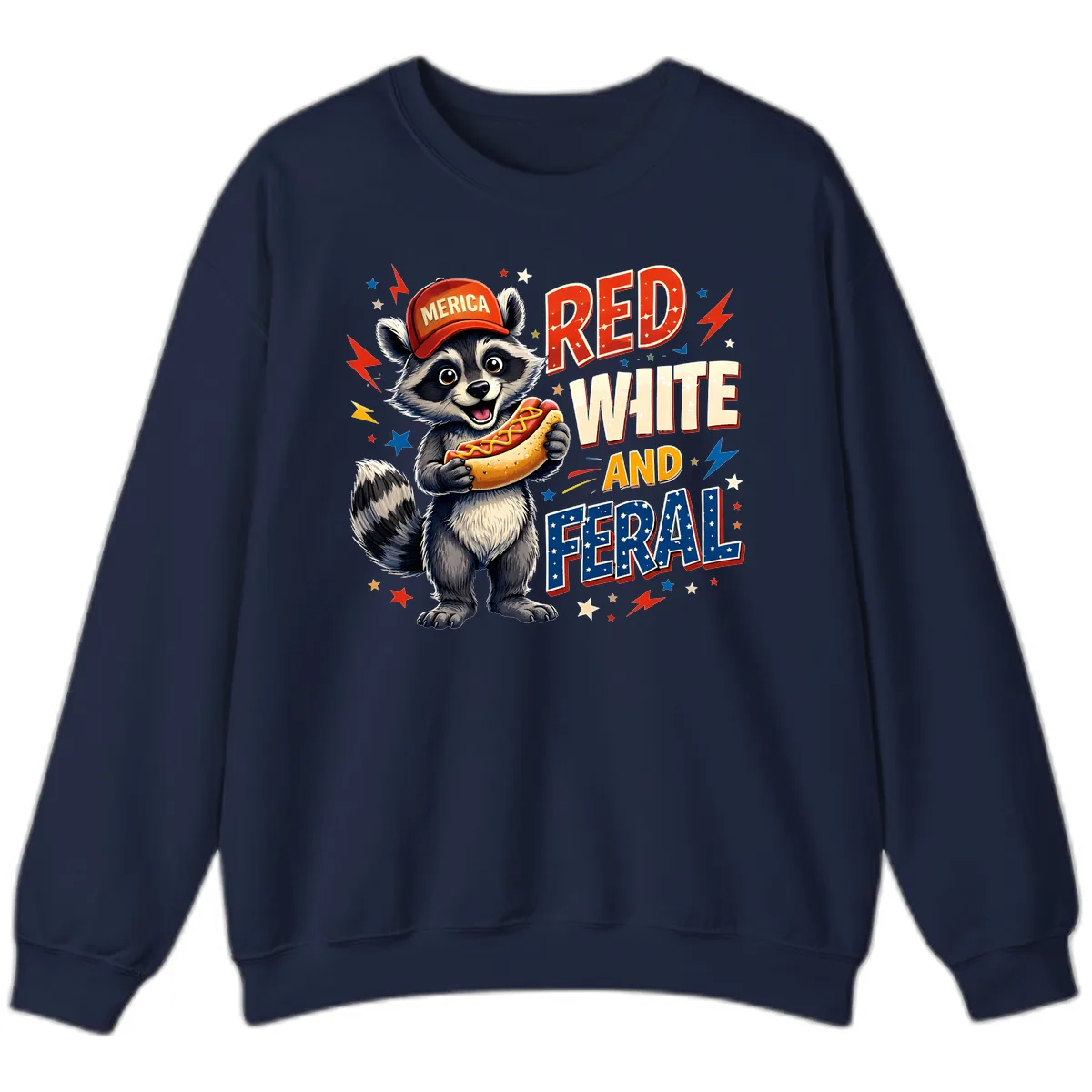 Raccoon Merica Hot Dog Red White And Feral Sweatshirt in Navy