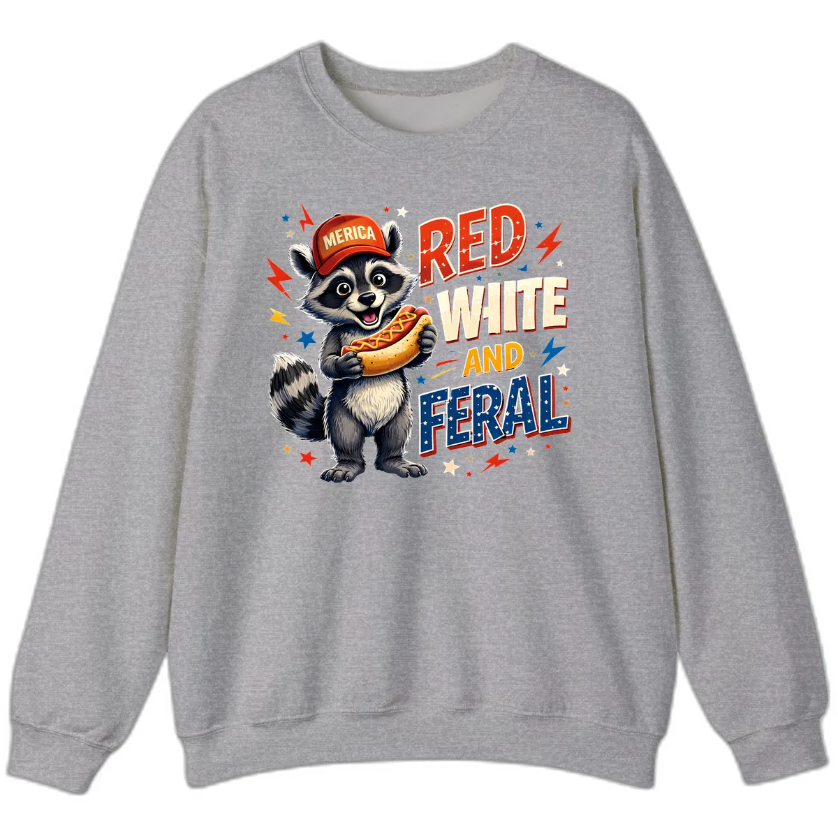 Raccoon Merica Hot Dog Red White And Feral Sweatshirt in Sport Grey