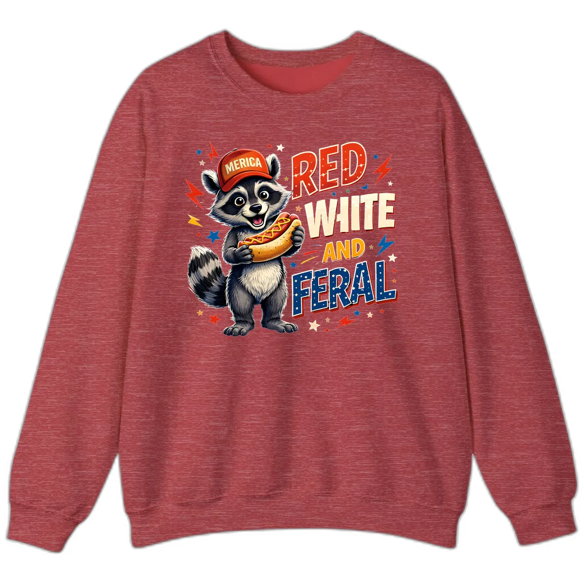 Raccoon Merica Hot Dog Red White And Feral Sweatshirt in Heather Scarlet Red