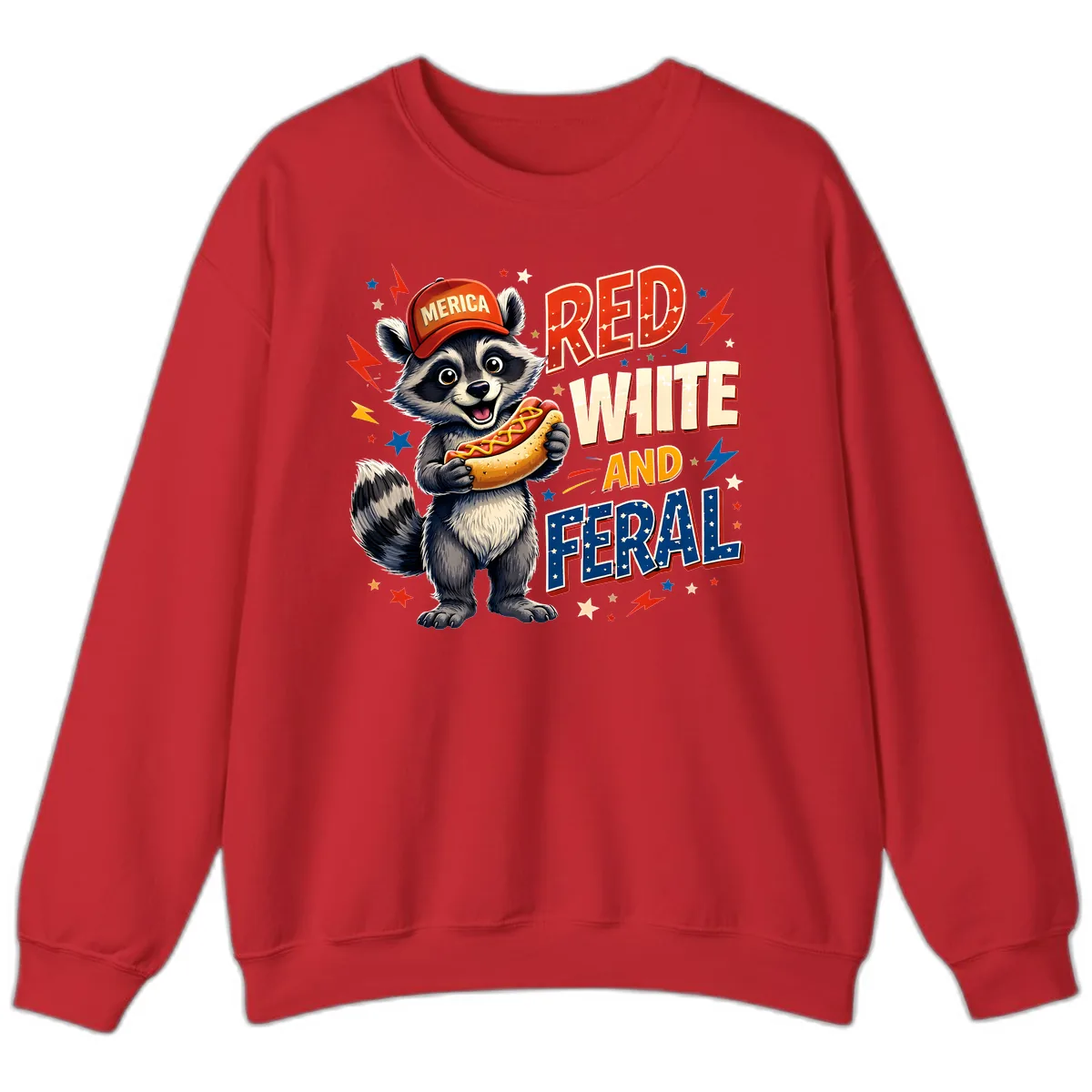 Raccoon Merica Hot Dog Red White And Feral Sweatshirt in Red